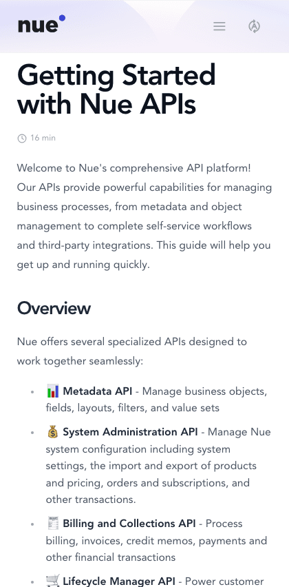 Nue API Docs documentation portal mobile view