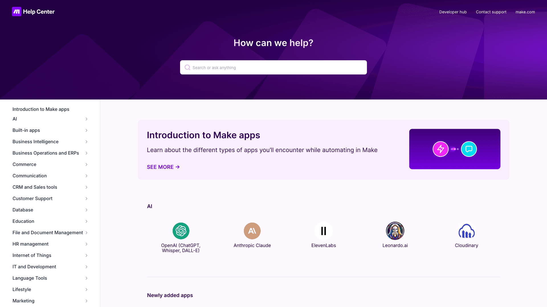 Make.com documentation portal desktop view