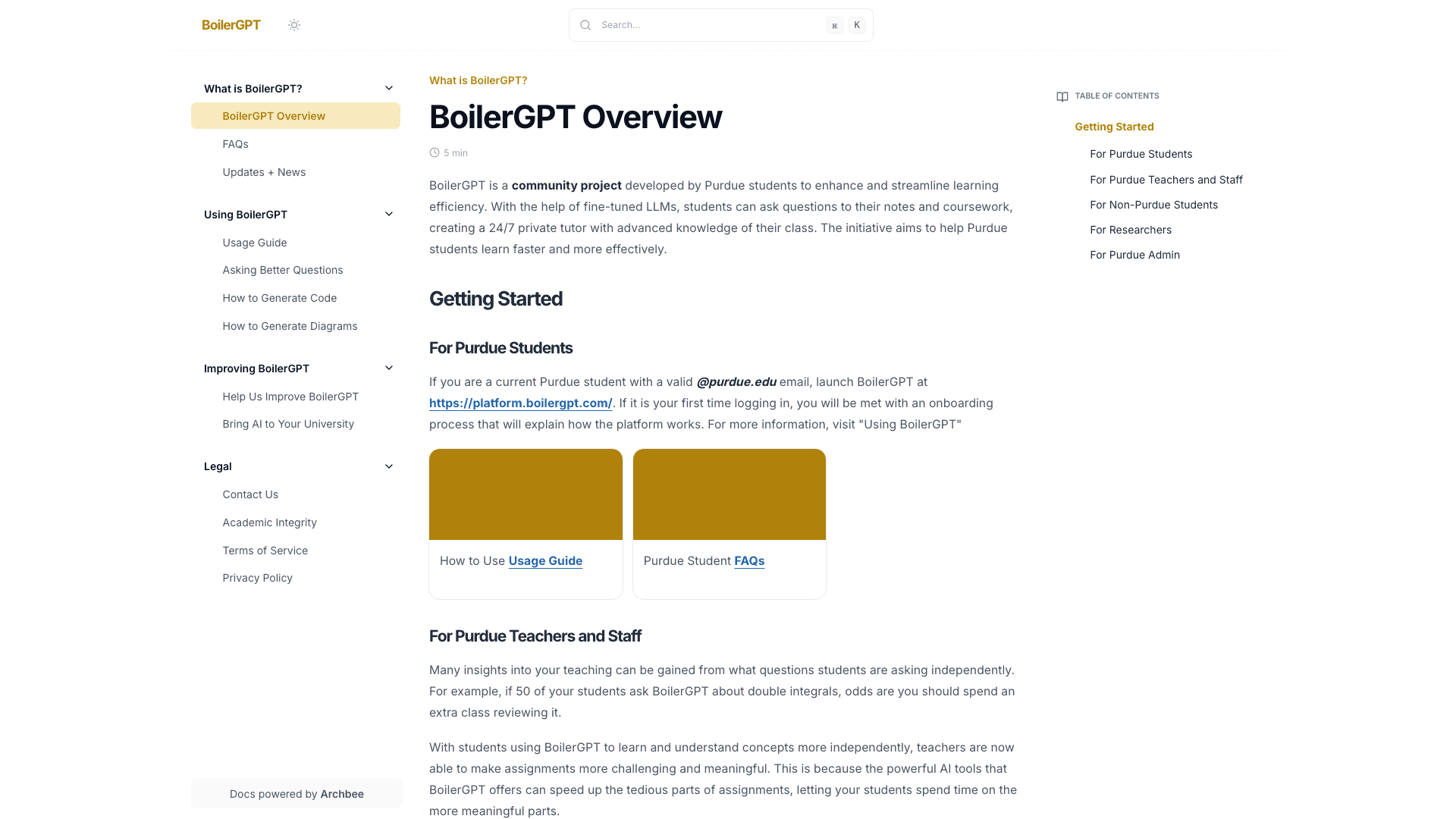 Boilergpt documentation portal desktop view