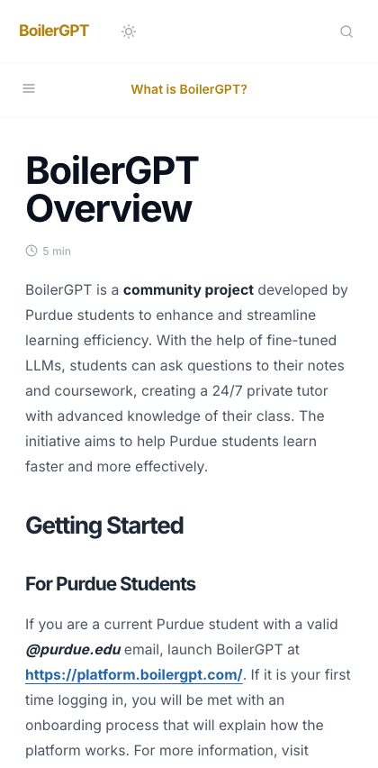 Boilergpt documentation portal mobile view