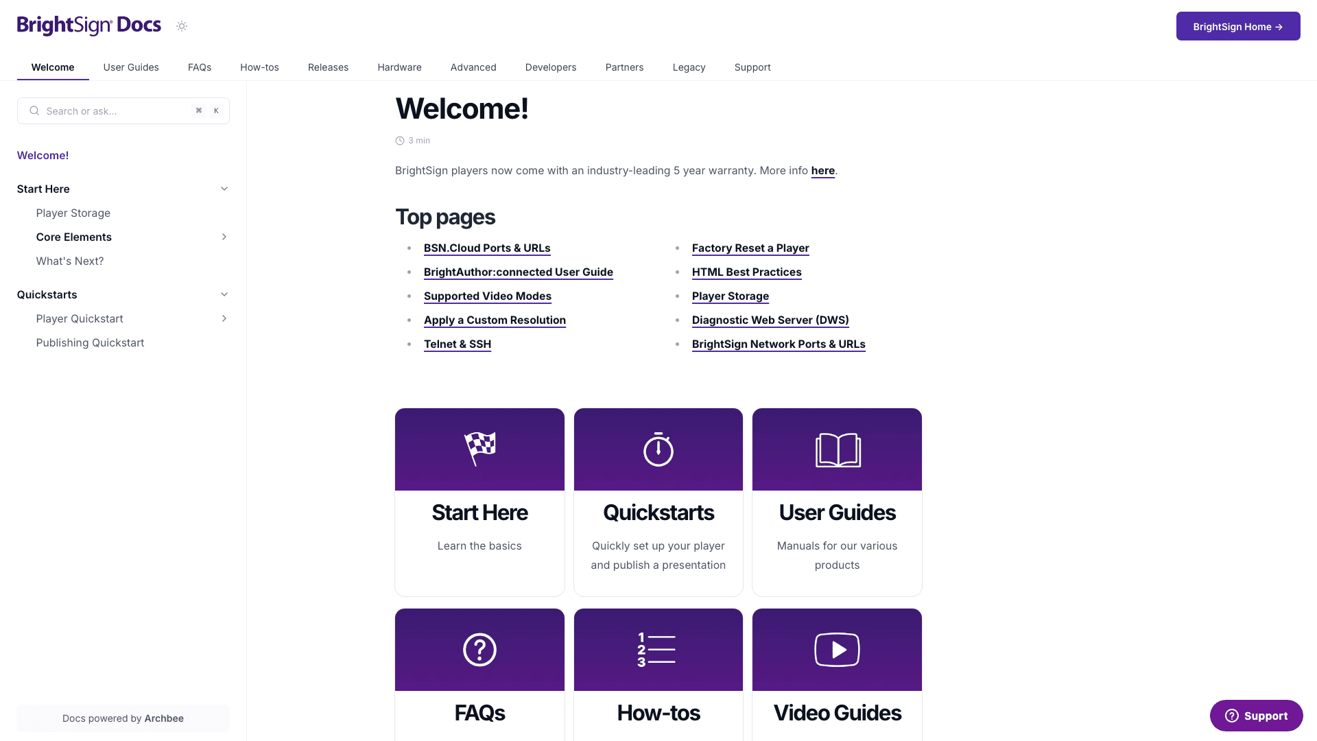 BrightSign documentation portal desktop view