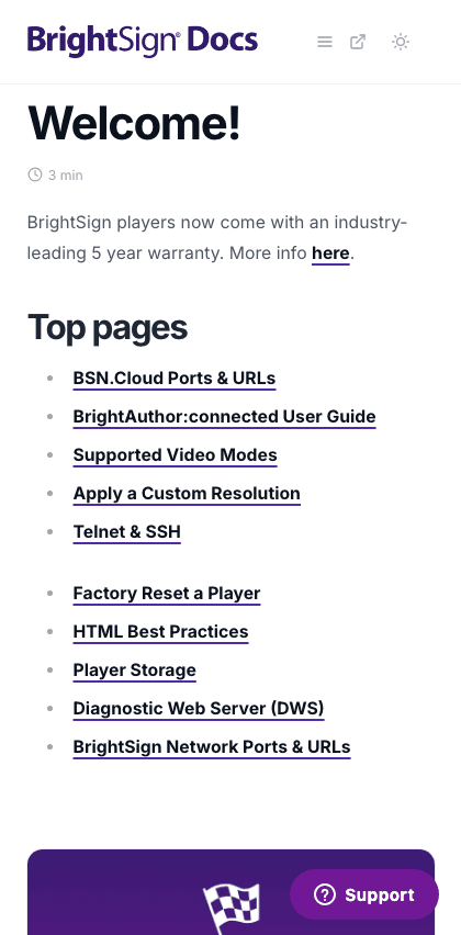 BrightSign documentation portal mobile view