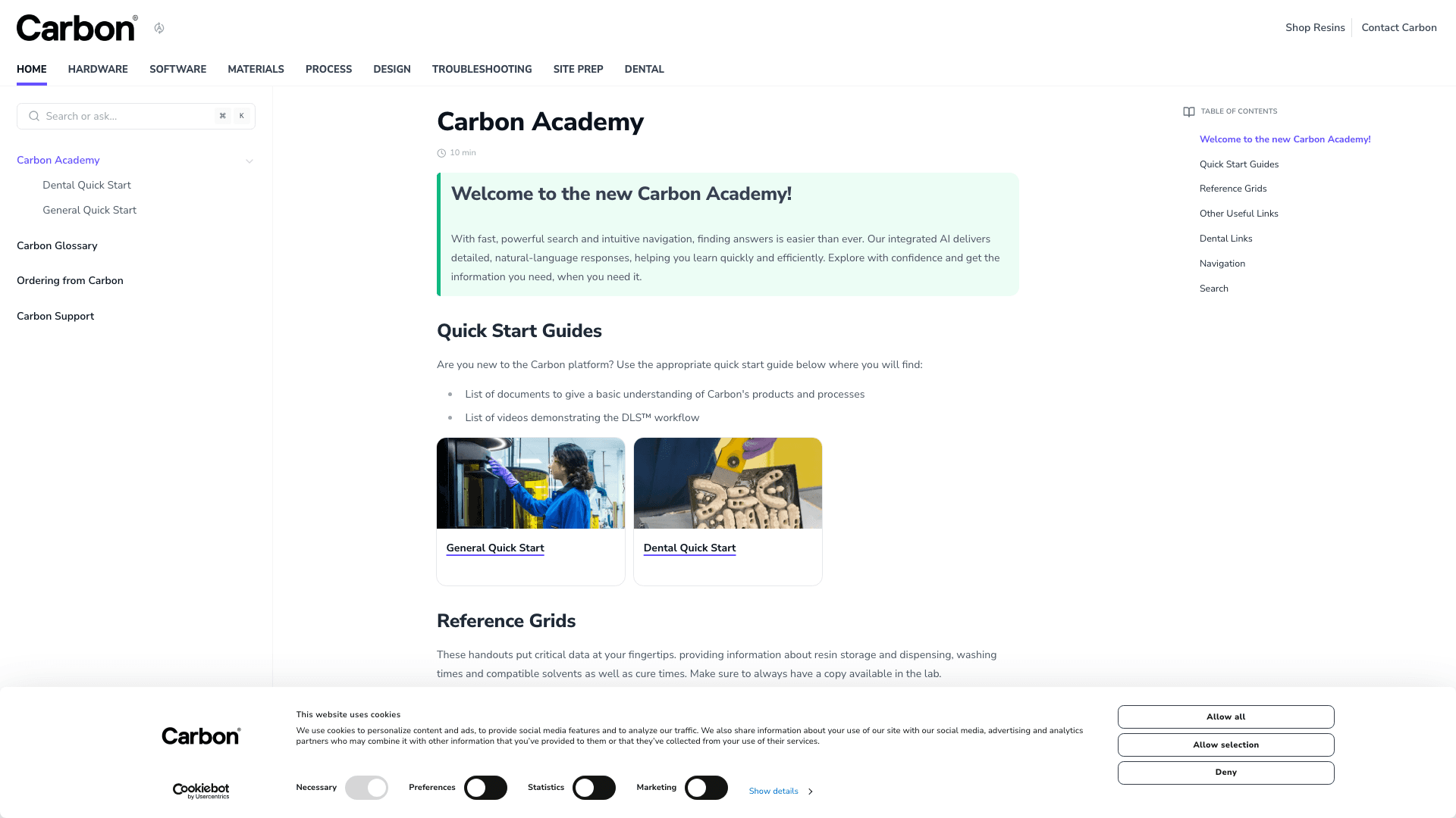 Carbon3d documentation portal desktop view