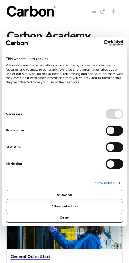 Carbon3d documentation portal mobile view