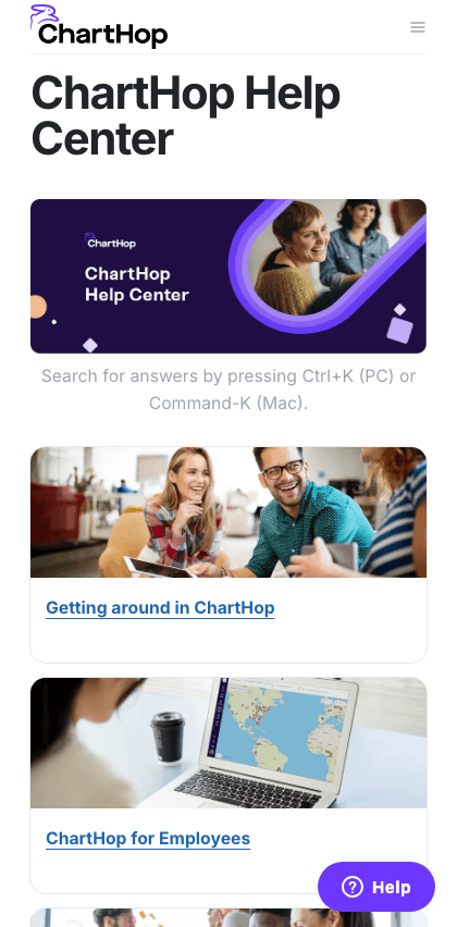 ChartHop documentation portal mobile view