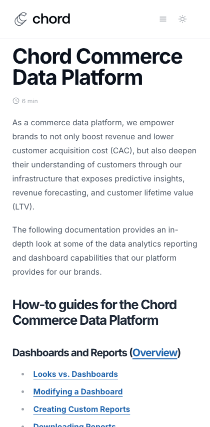 Chord documentation portal mobile view
