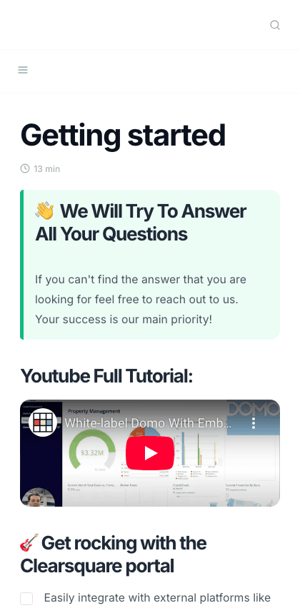 clearsquare documentation portal mobile view