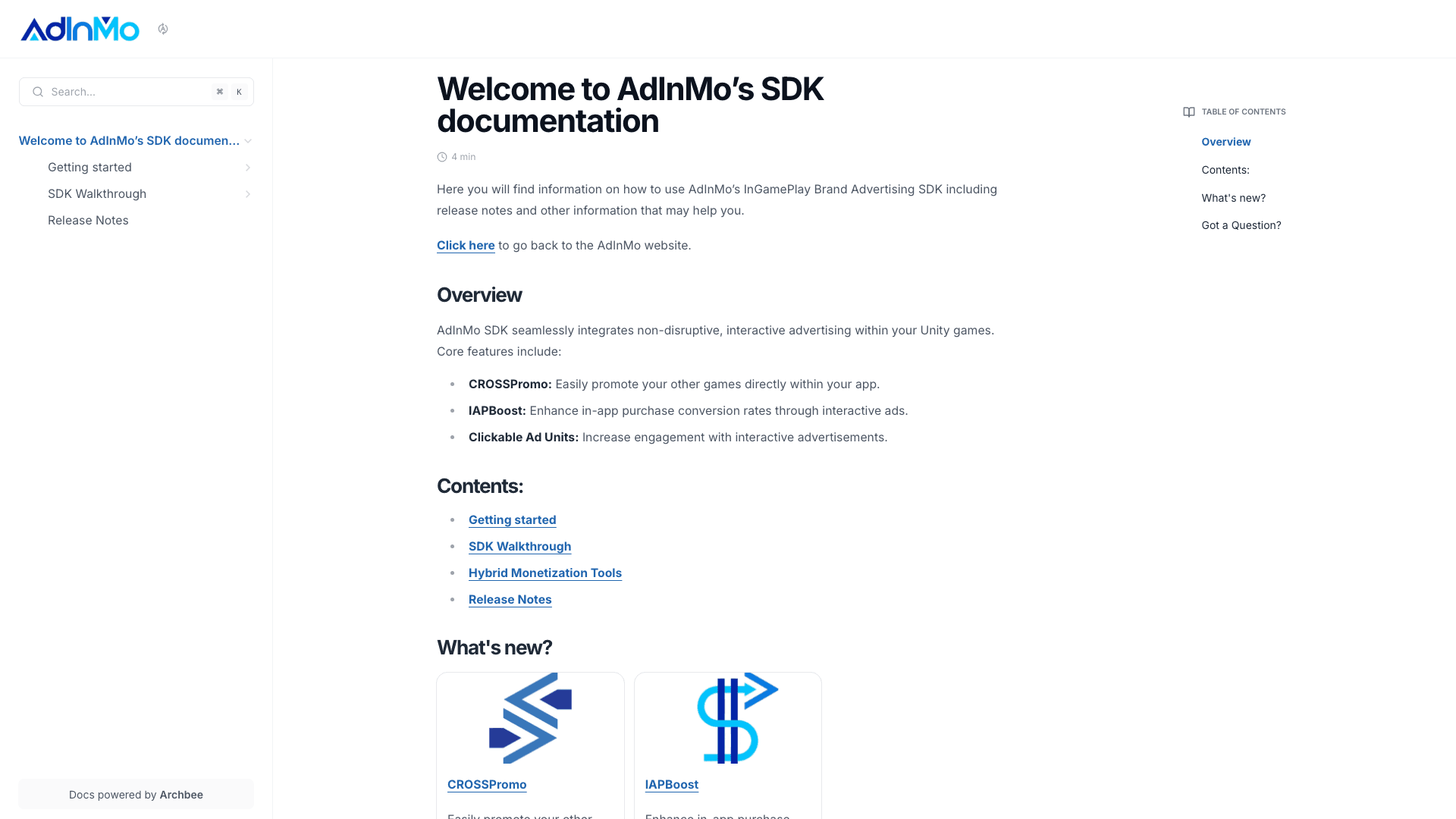 Adinmo documentation portal desktop view