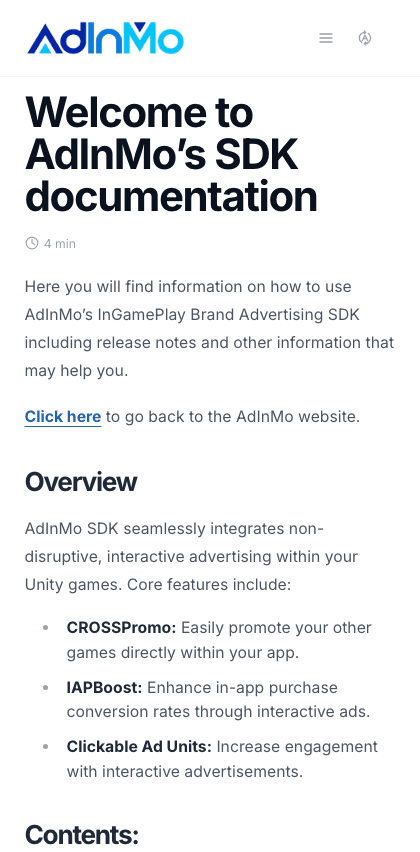 Adinmo documentation portal mobile view