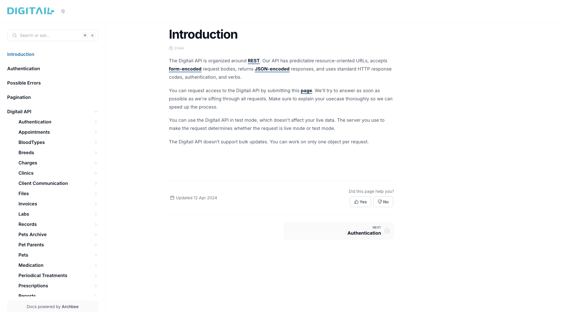 Digitail documentation portal desktop view