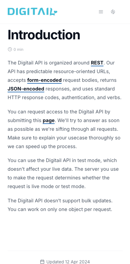 Digitail documentation portal mobile view