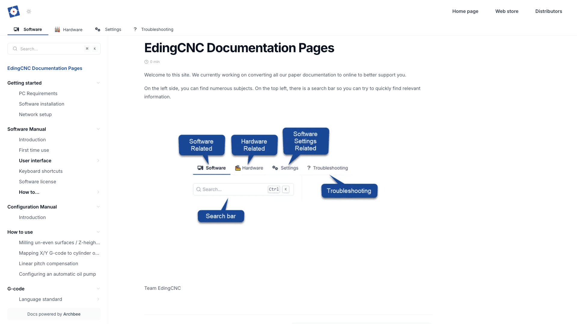 Edingcnc documentation portal desktop view