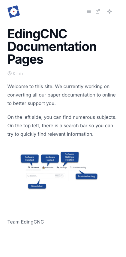 Edingcnc documentation portal mobile view
