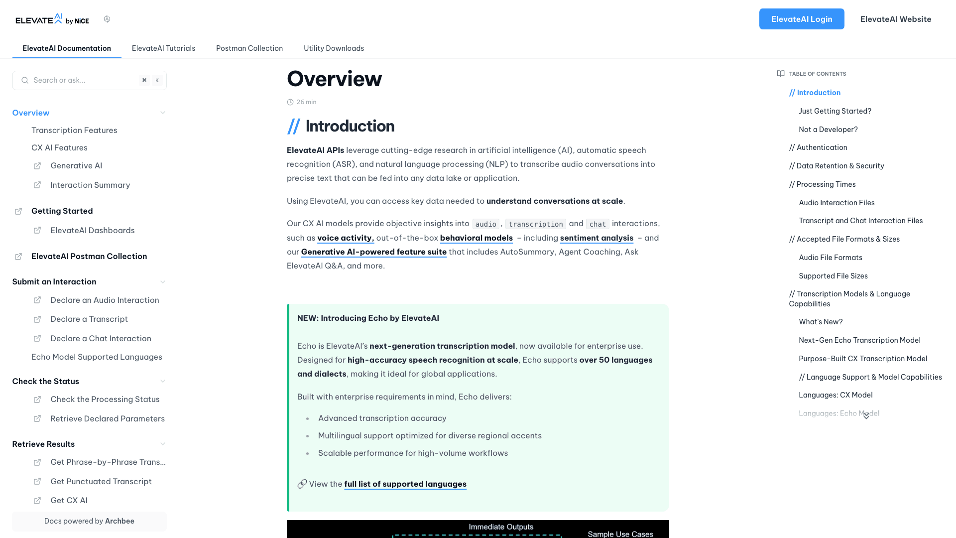 ElevateAI documentation portal desktop view