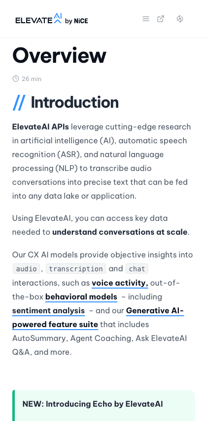 ElevateAI documentation portal mobile view