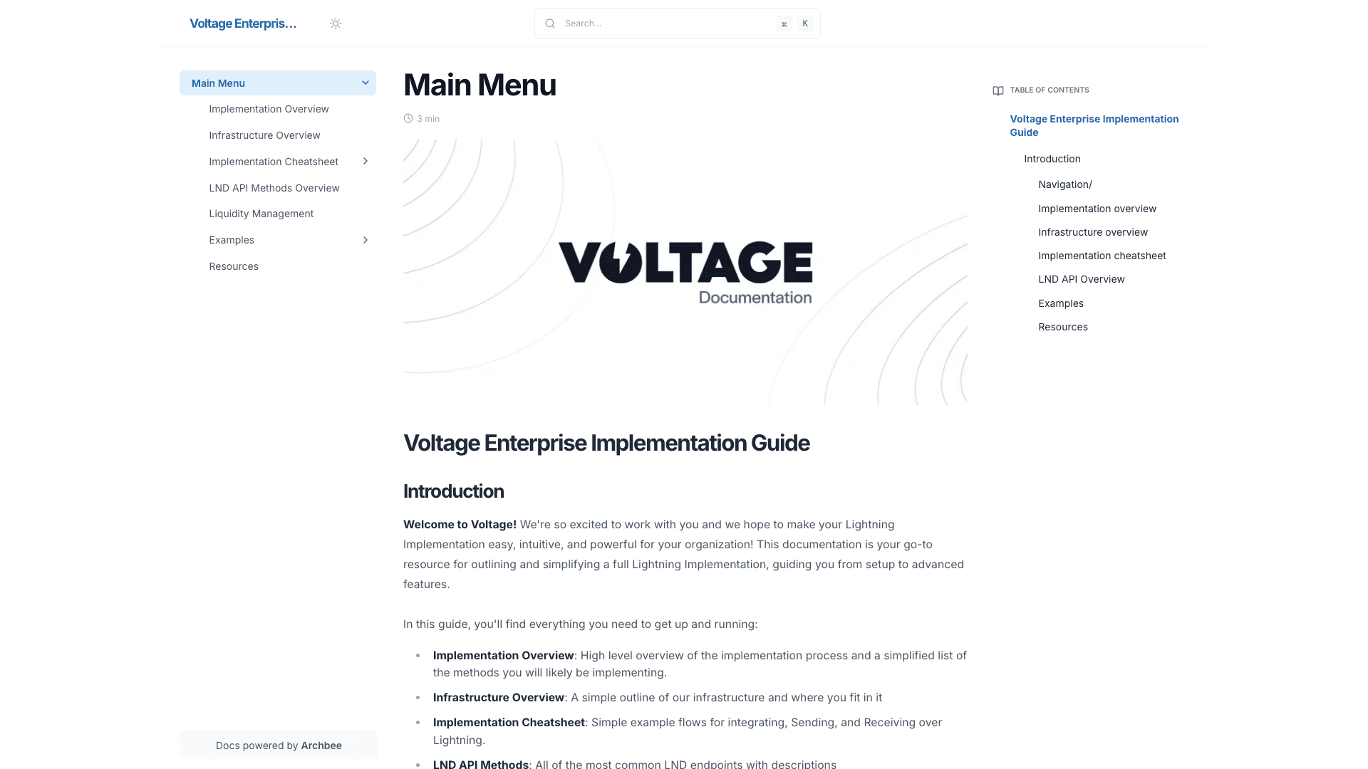 Voltage Enterprise documentation portal desktop view