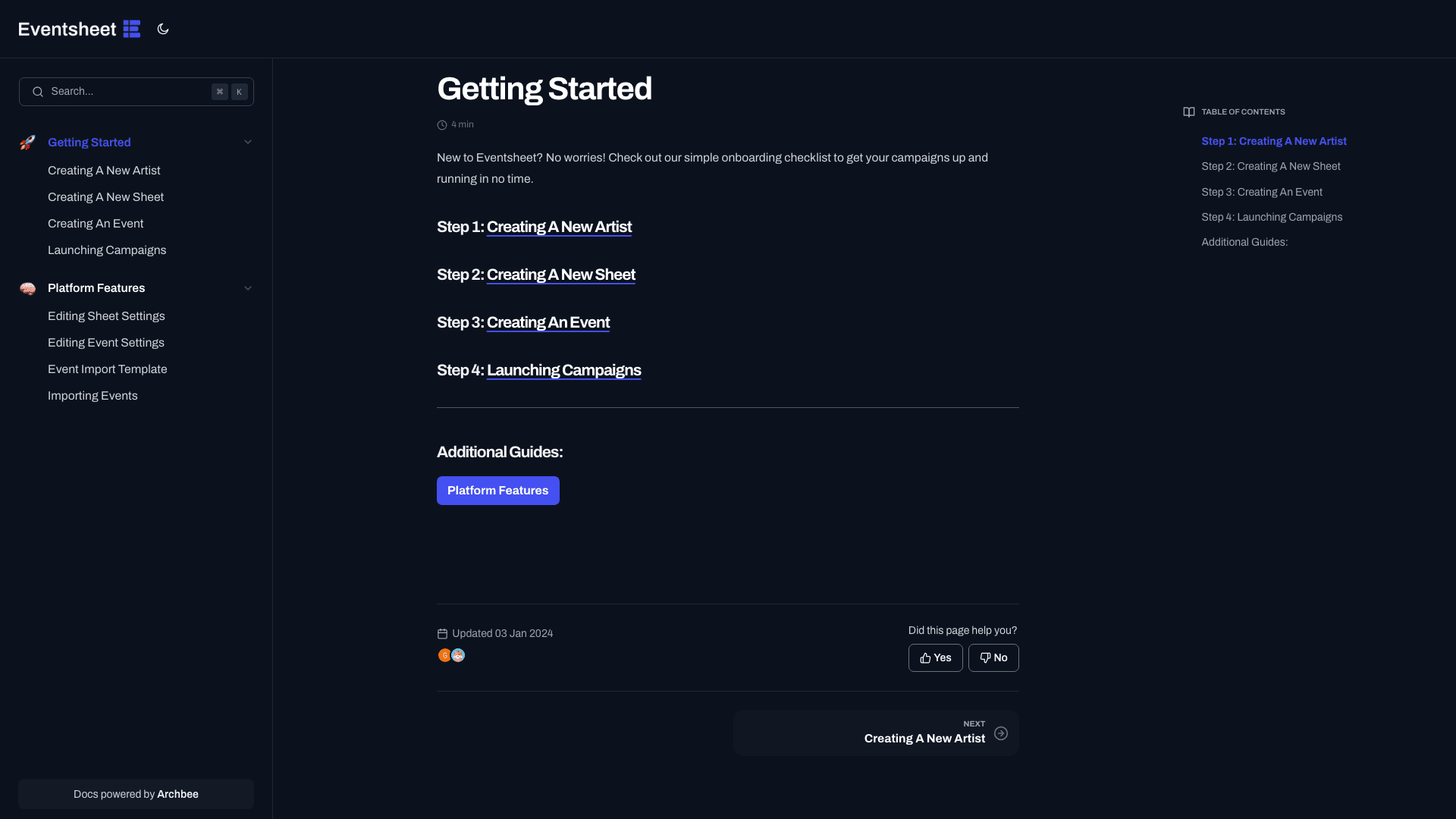 Eventsheet documentation portal desktop view