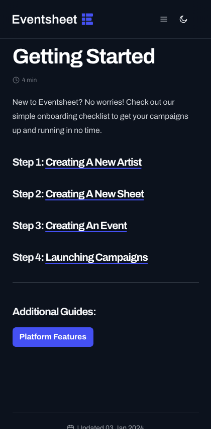 Eventsheet documentation portal mobile view