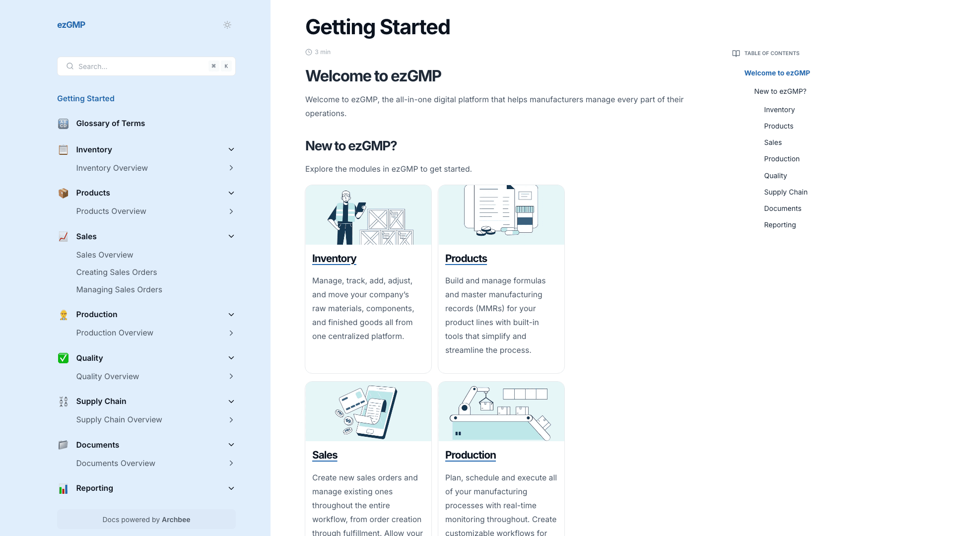 ezGMP documentation portal desktop view