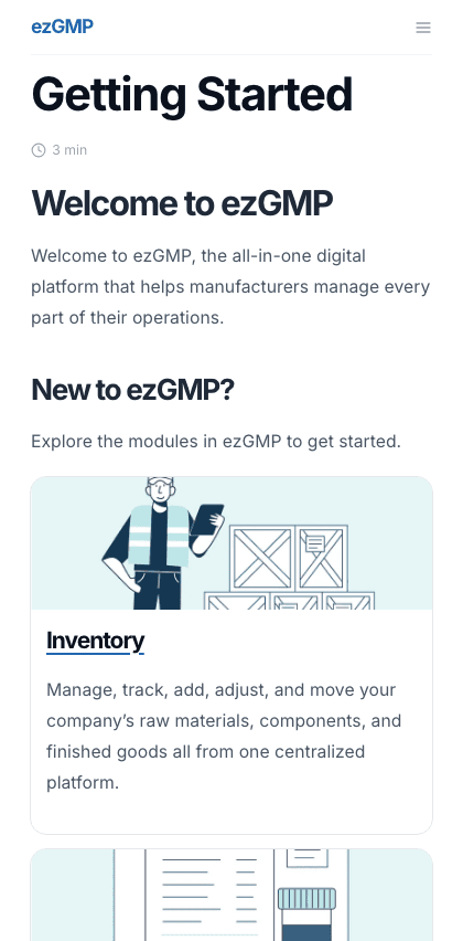 ezGMP documentation portal mobile view