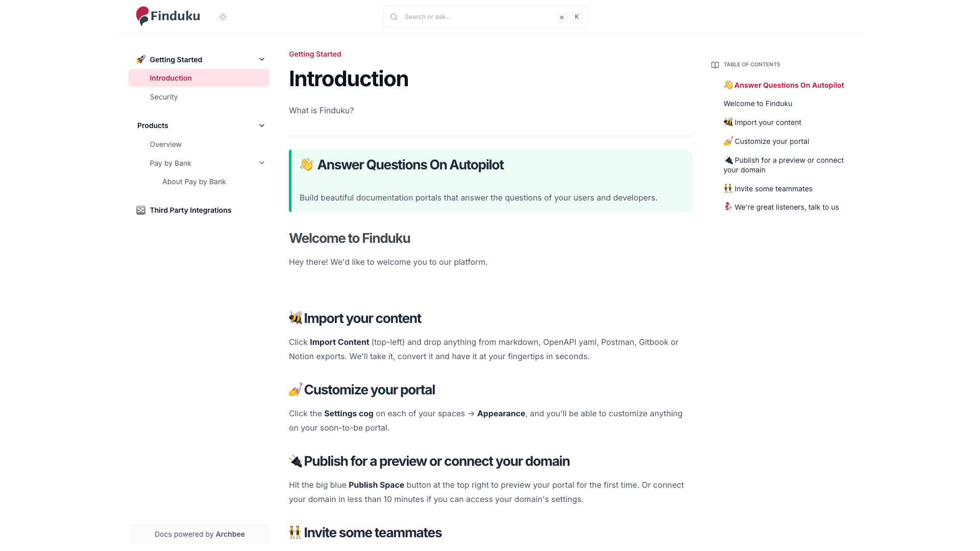 Finduku documentation portal desktop view