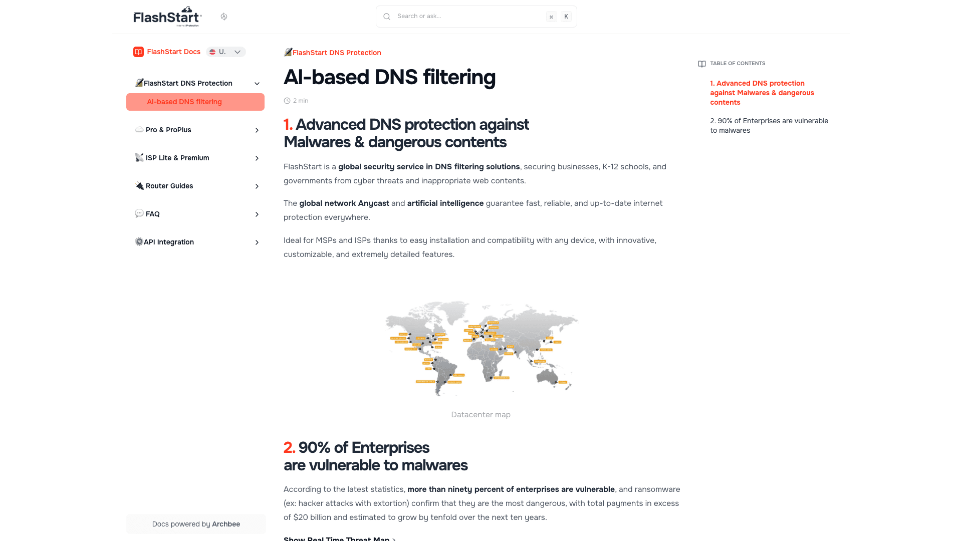 FlashStart documentation portal desktop view