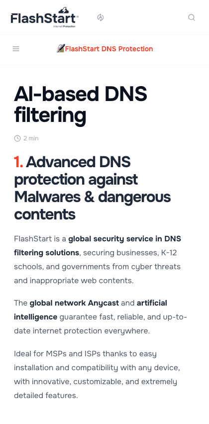 FlashStart documentation portal mobile view