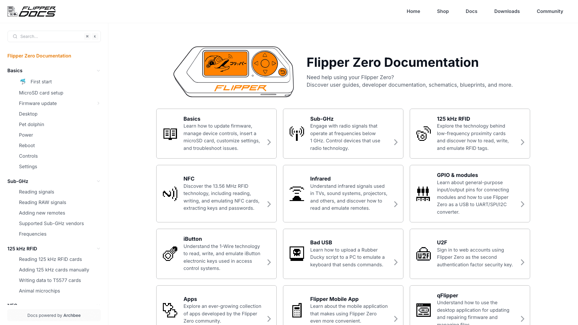 Flipper Zero documentation portal desktop view