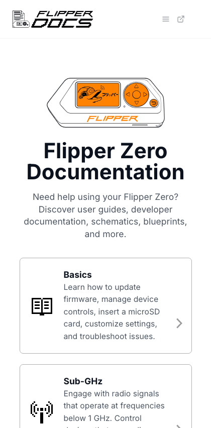 Flipper Zero documentation portal mobile view