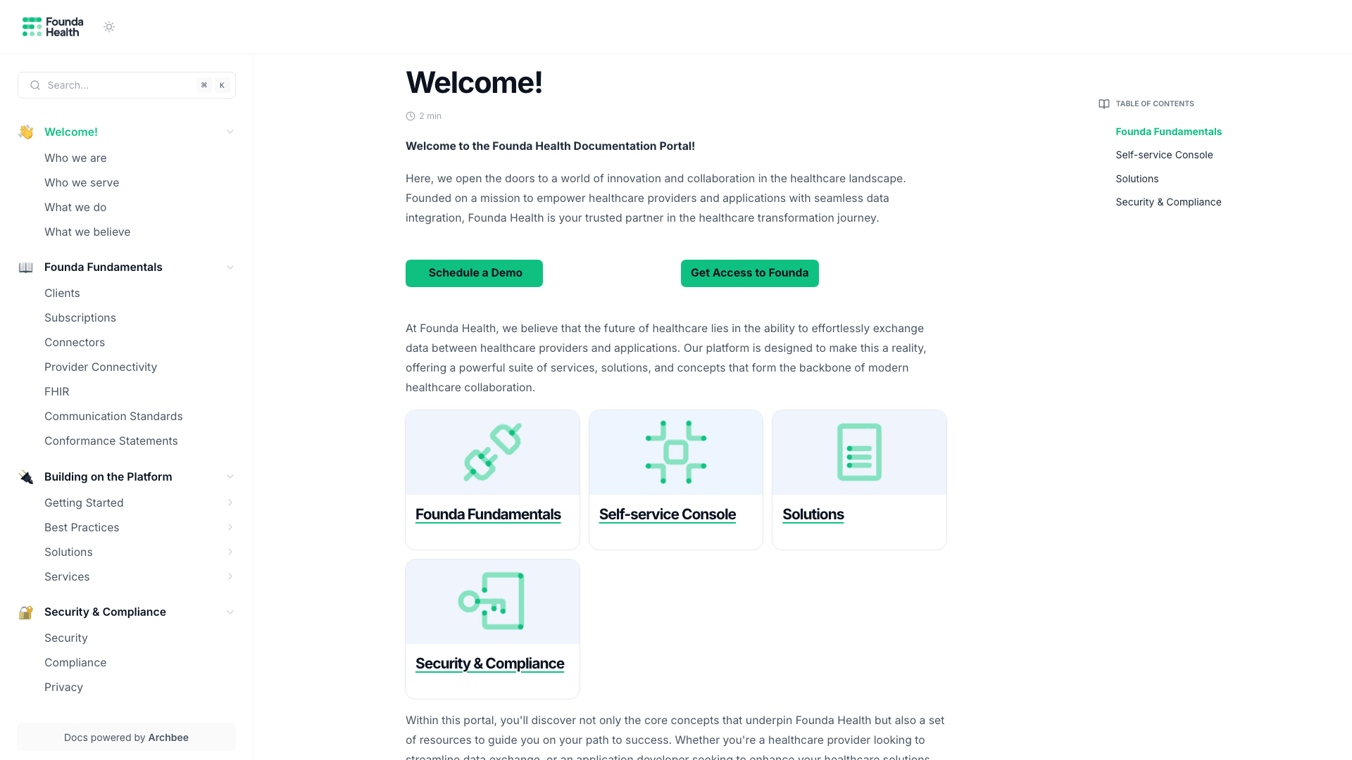 Founda Health documentation portal desktop view