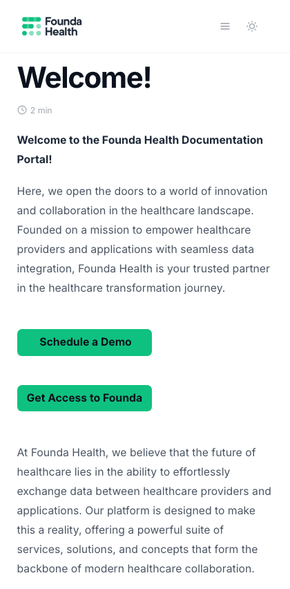 Founda Health documentation portal mobile view