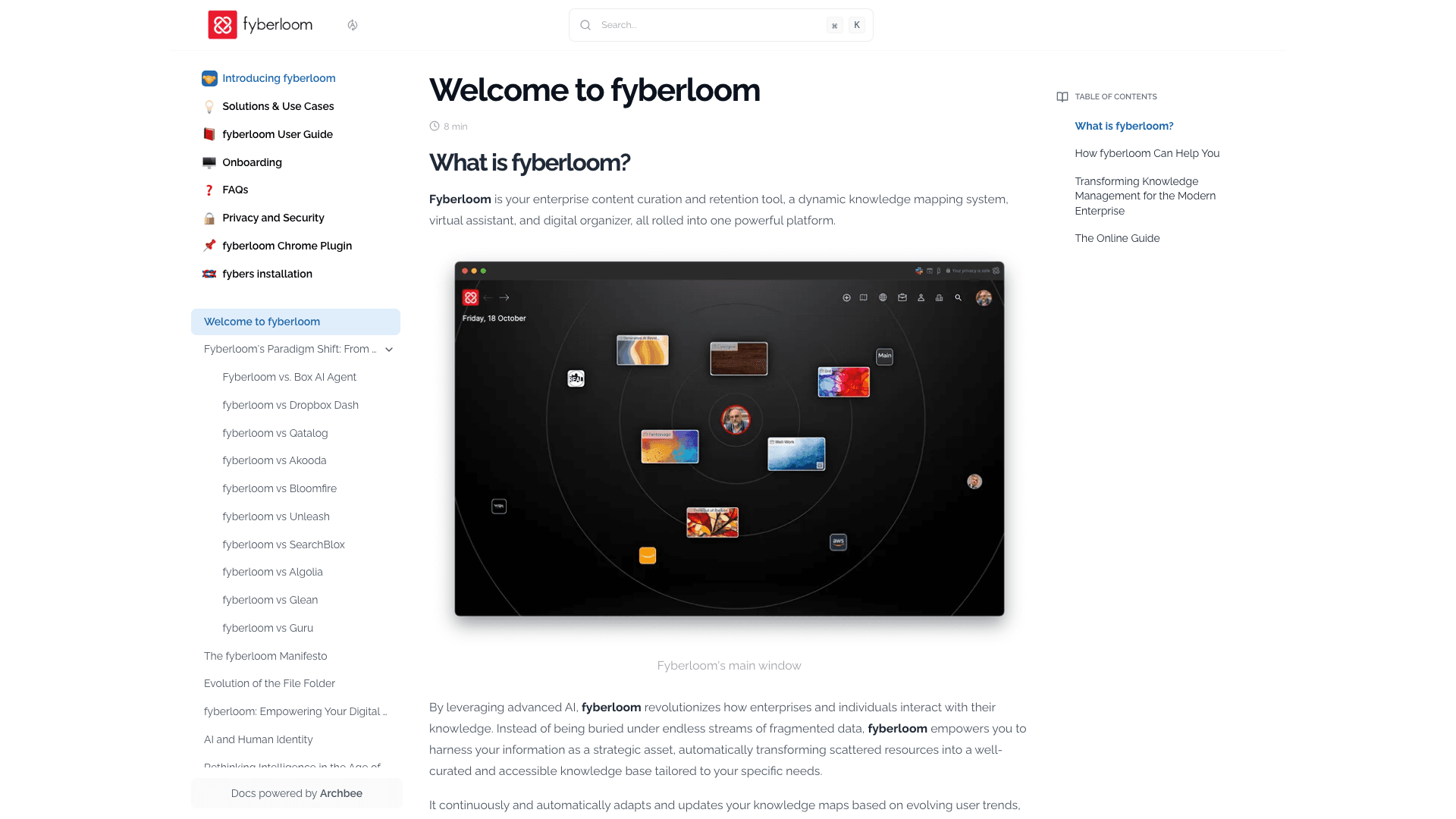 Fyberloom documentation portal desktop view