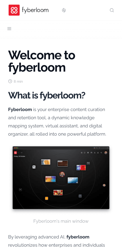 Fyberloom documentation portal mobile view