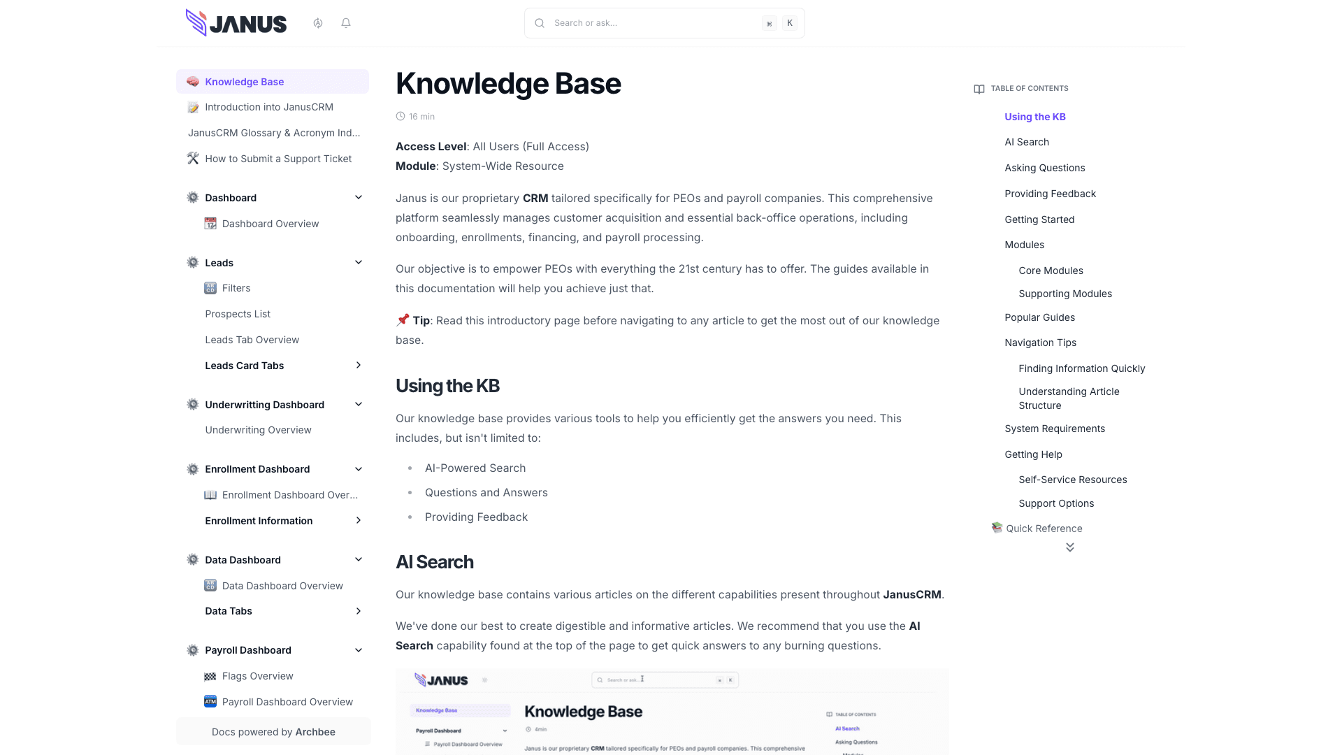 Getjanus documentation portal desktop view