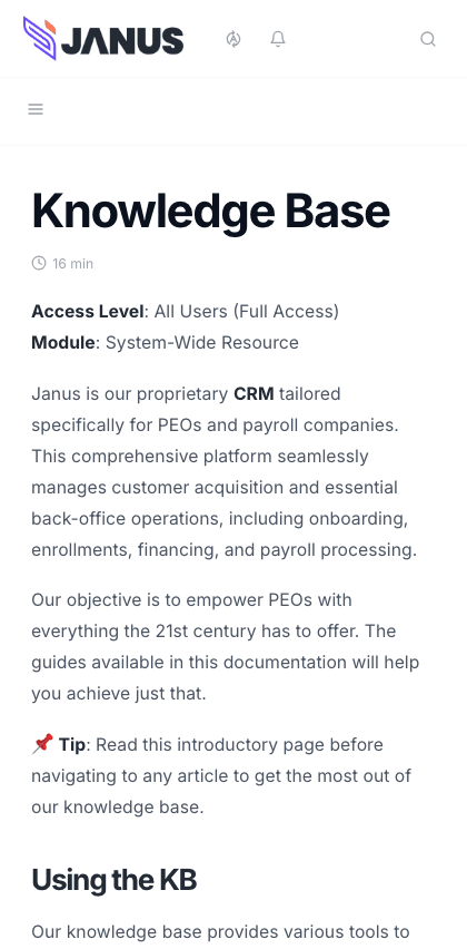 Getjanus documentation portal mobile view
