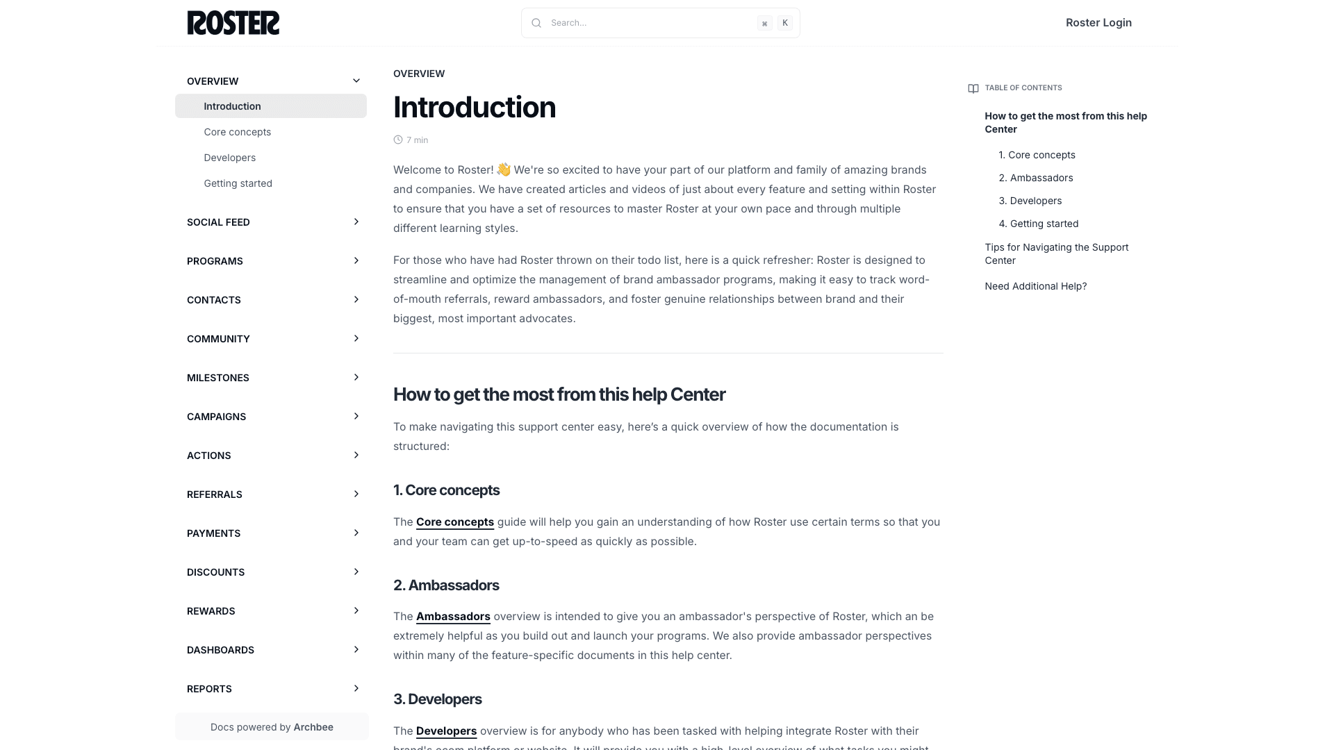 Roster documentation portal desktop view