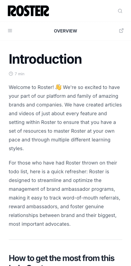 Roster documentation portal mobile view