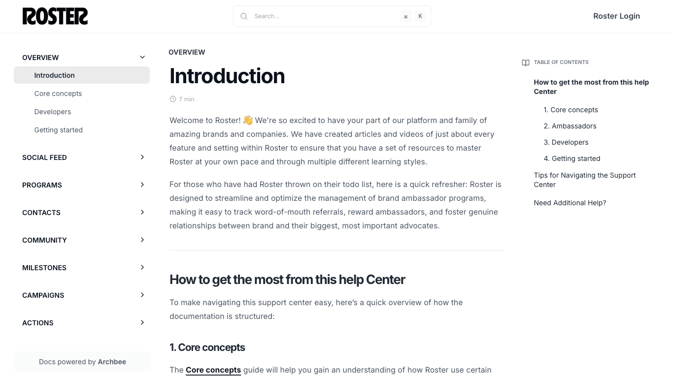 Roster documentation portal