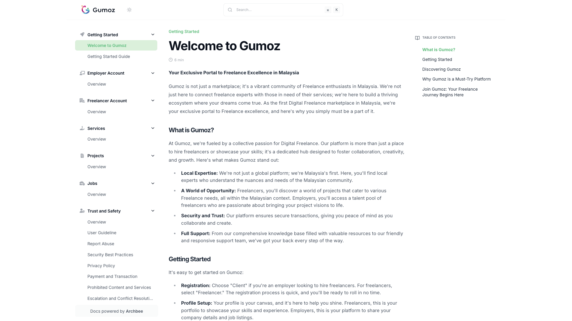 Gumoz documentation portal desktop view