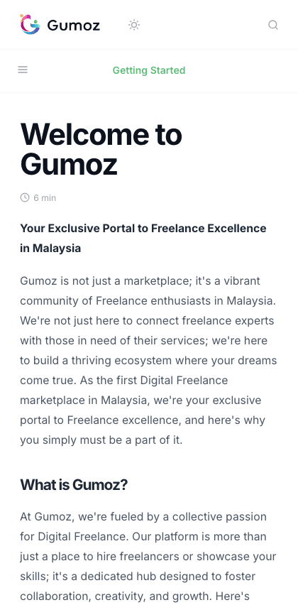 Gumoz documentation portal mobile view