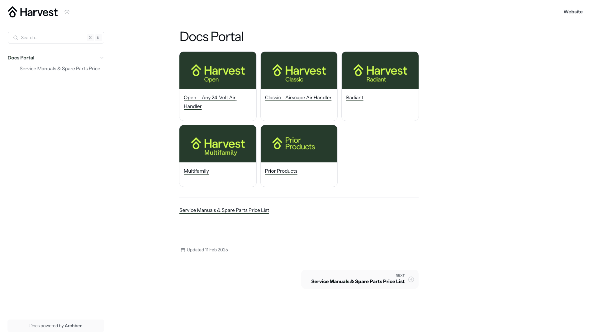 Harvest Thermal documentation portal desktop view