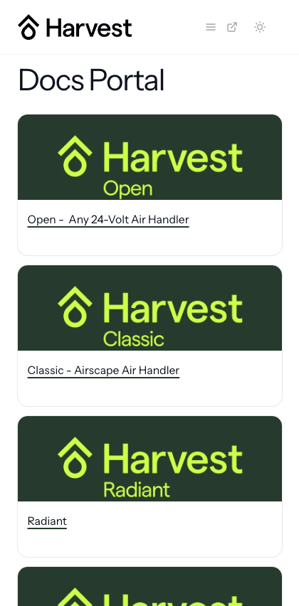 Harvest Thermal documentation portal mobile view