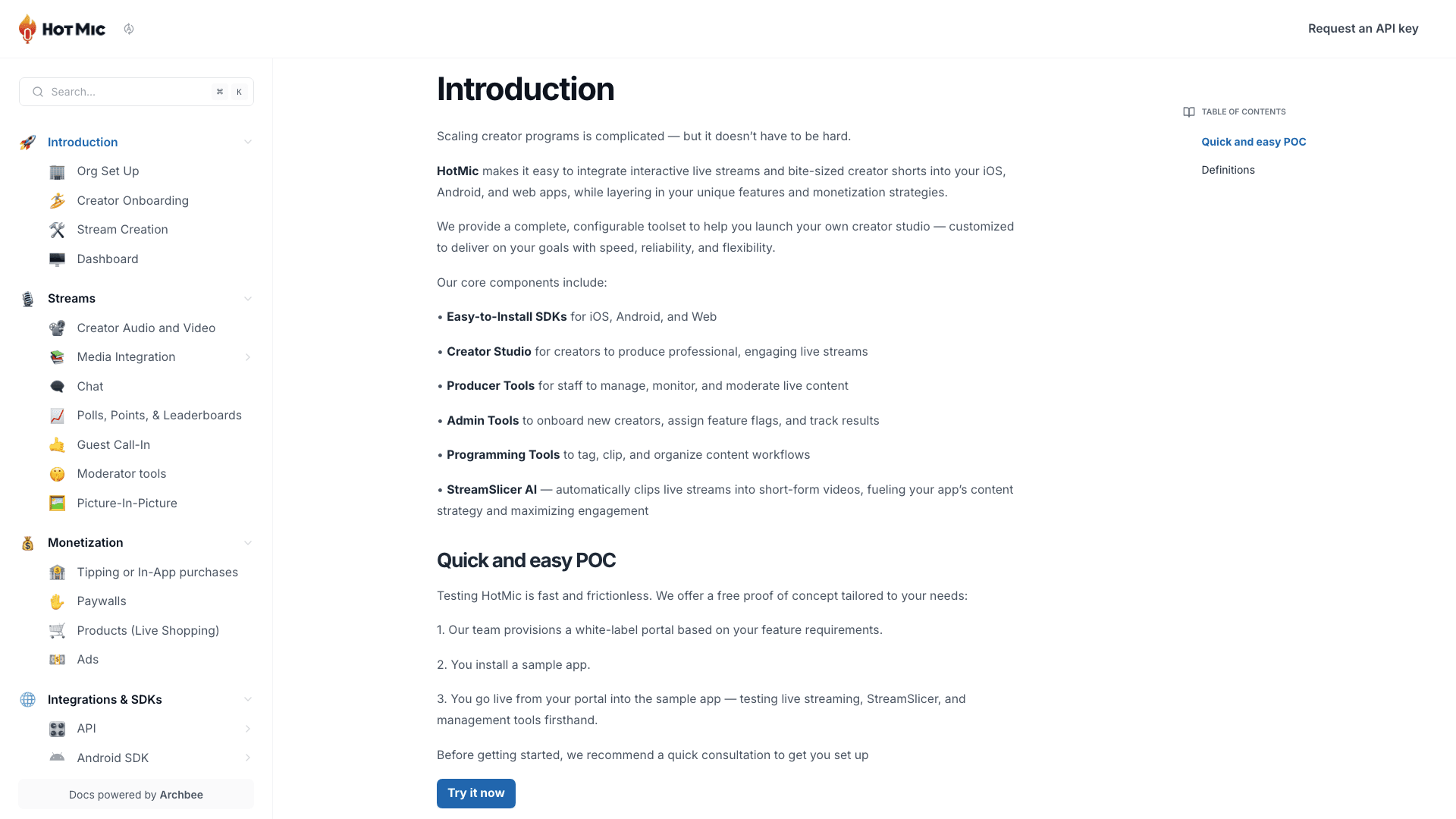 Hotmic documentation portal desktop view