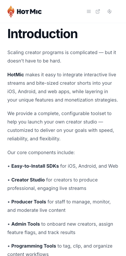 Hotmic documentation portal mobile view