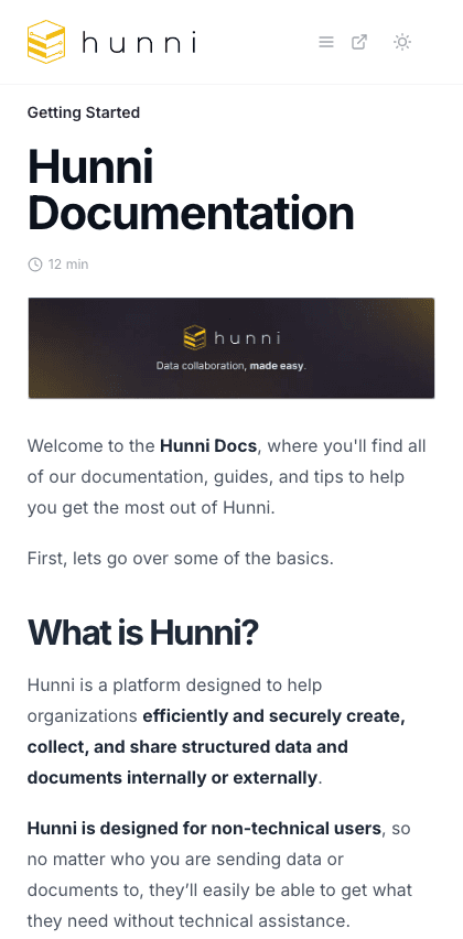 Hunni documentation portal mobile view