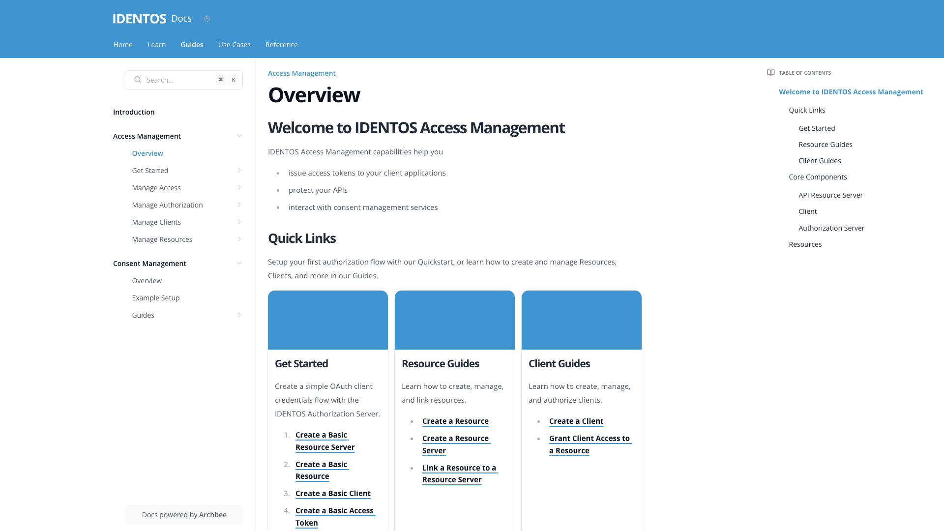 Identos documentation portal desktop view
