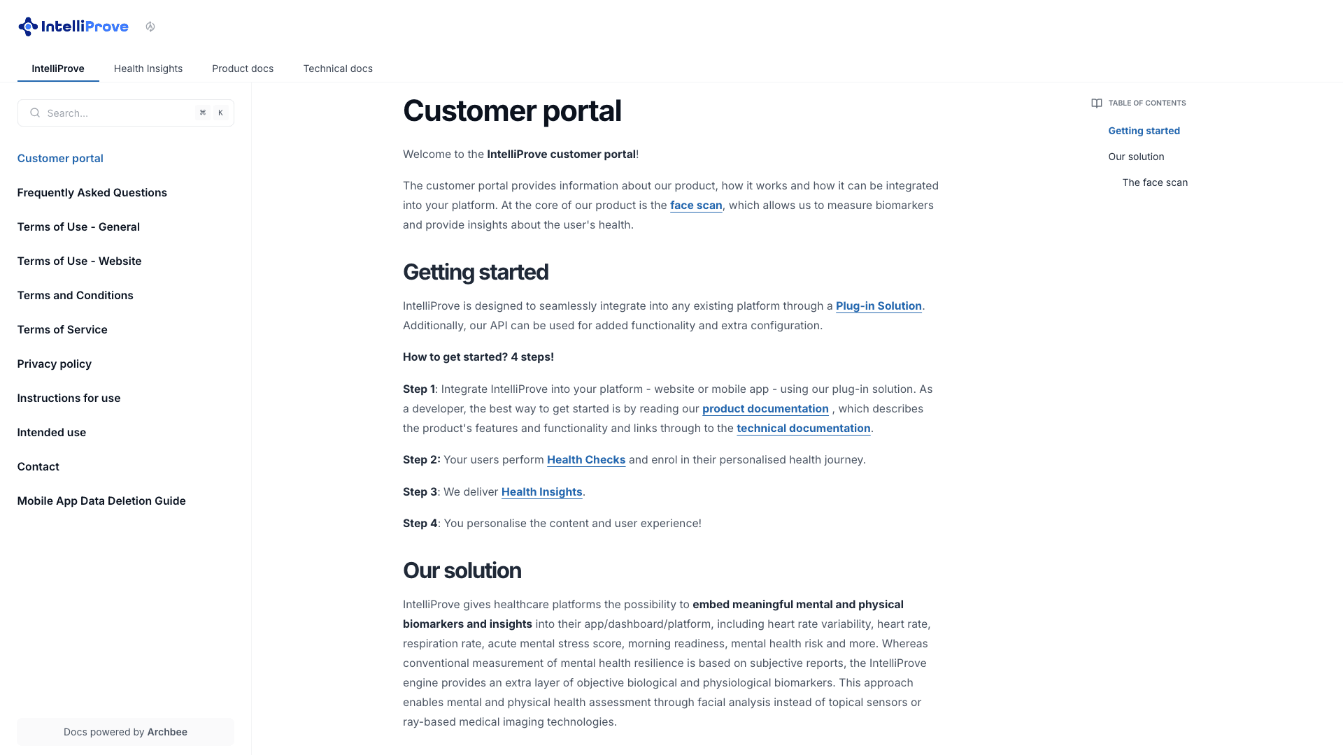 Intelliprove documentation portal desktop view