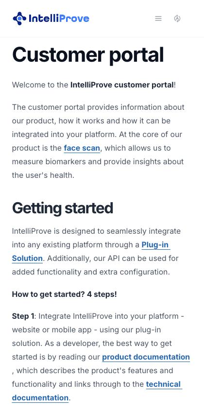 Intelliprove documentation portal mobile view