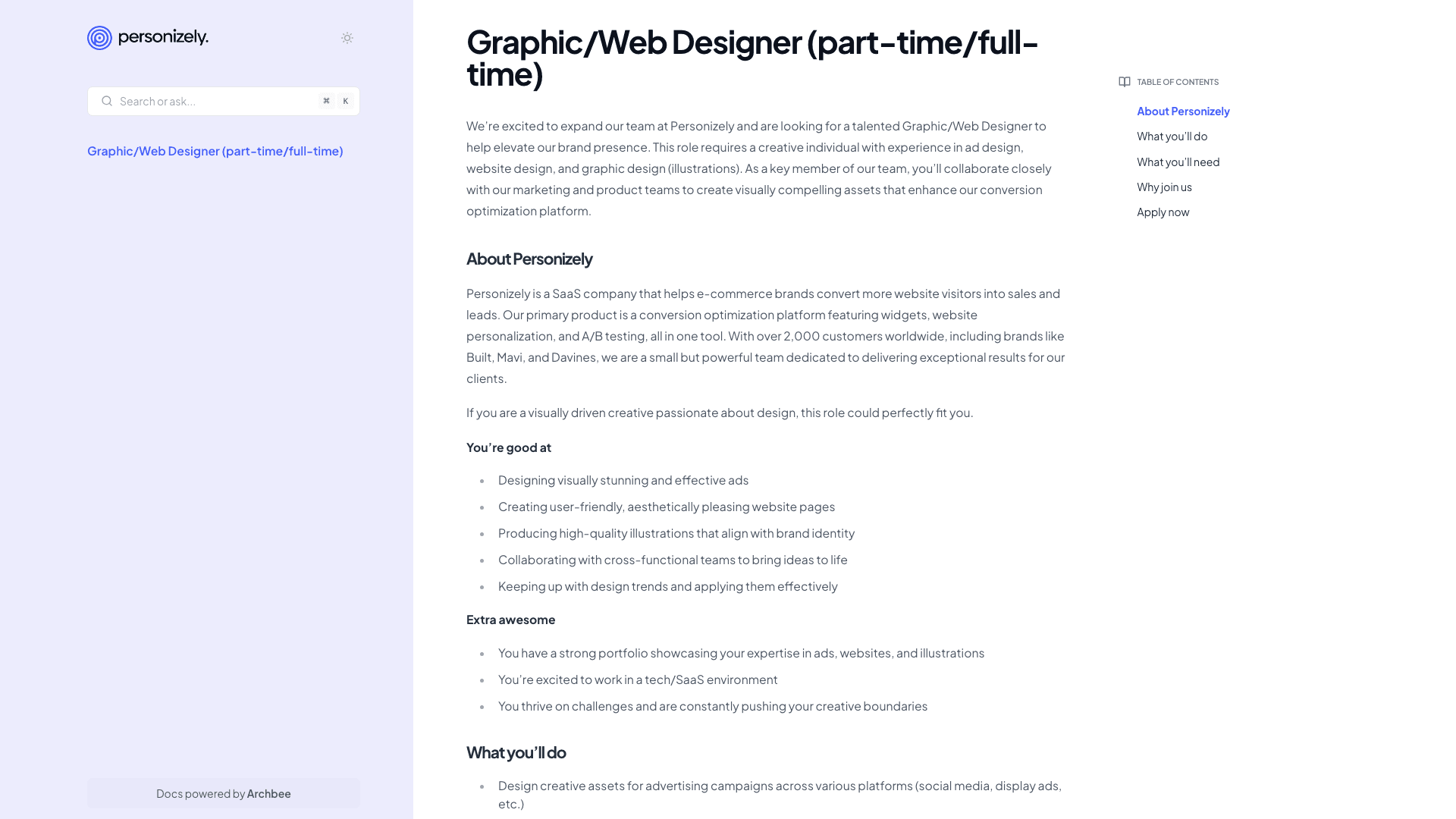 Jobs documentation portal desktop view