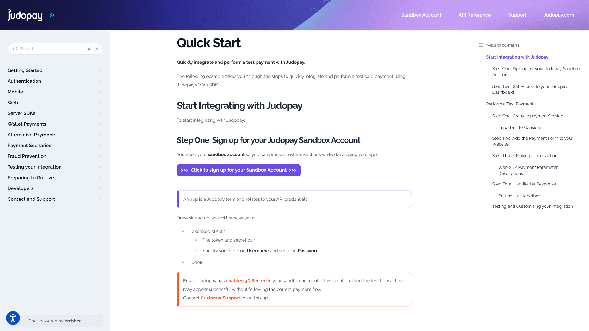 judopay documentation portal desktop view